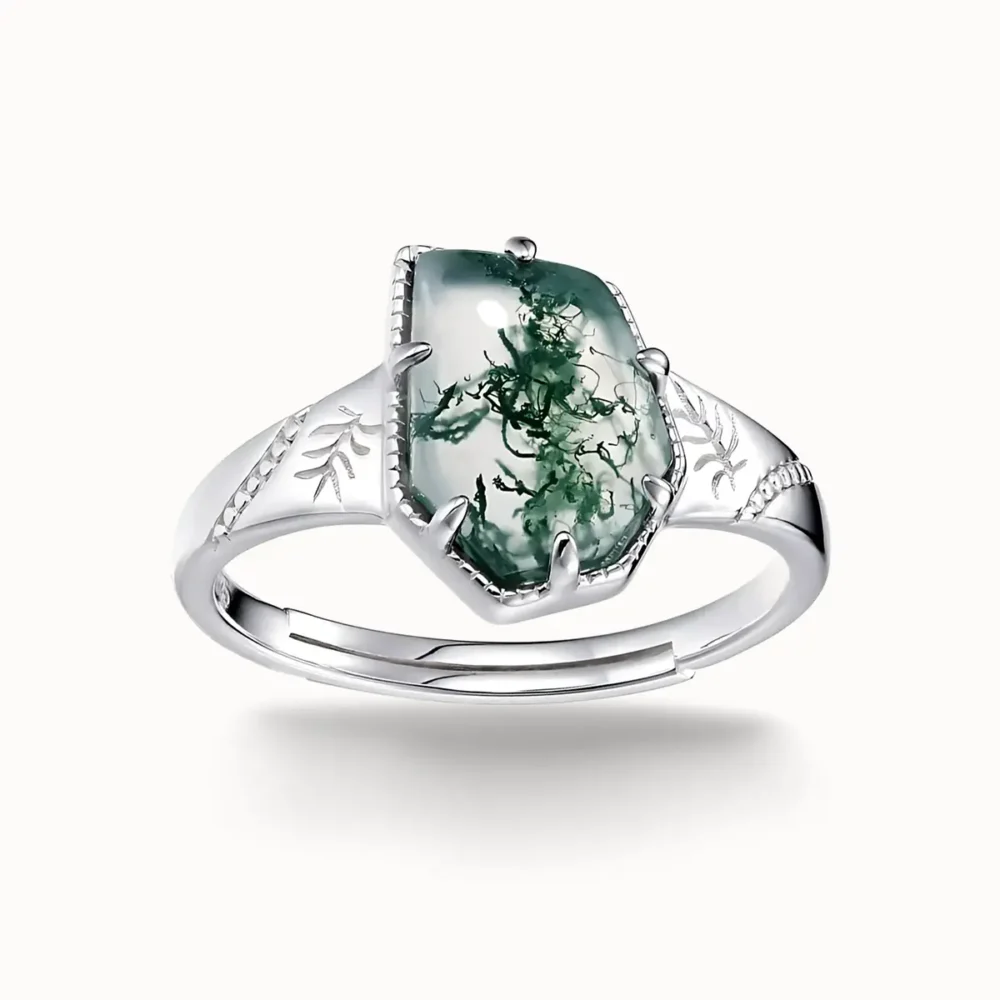 Irregular Moss Agate Engraved Ring