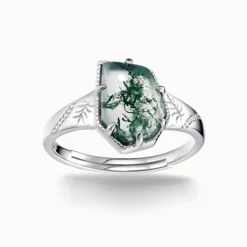 Irregular Moss Agate Engraved Ring