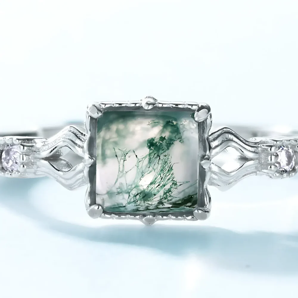 Square Moss Agate Silver Ring - Image 4