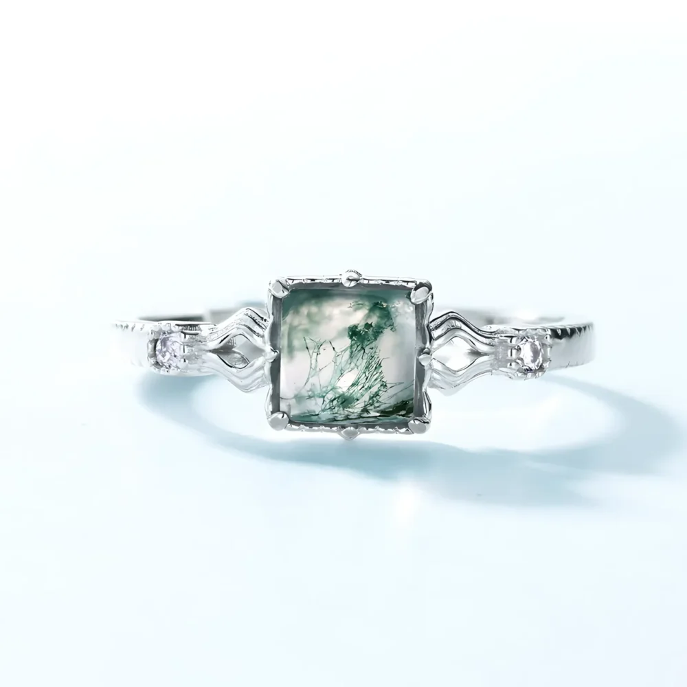 Square Moss Agate Silver Ring - Image 5