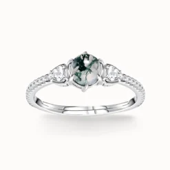 Round Moss Agate Three Stone Ring