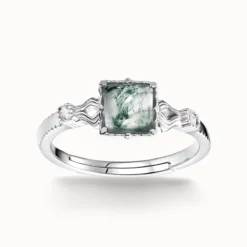 Square Moss Agate Silver Ring