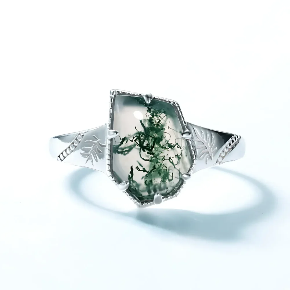 Irregular Moss Agate Engraved Ring - Image 3