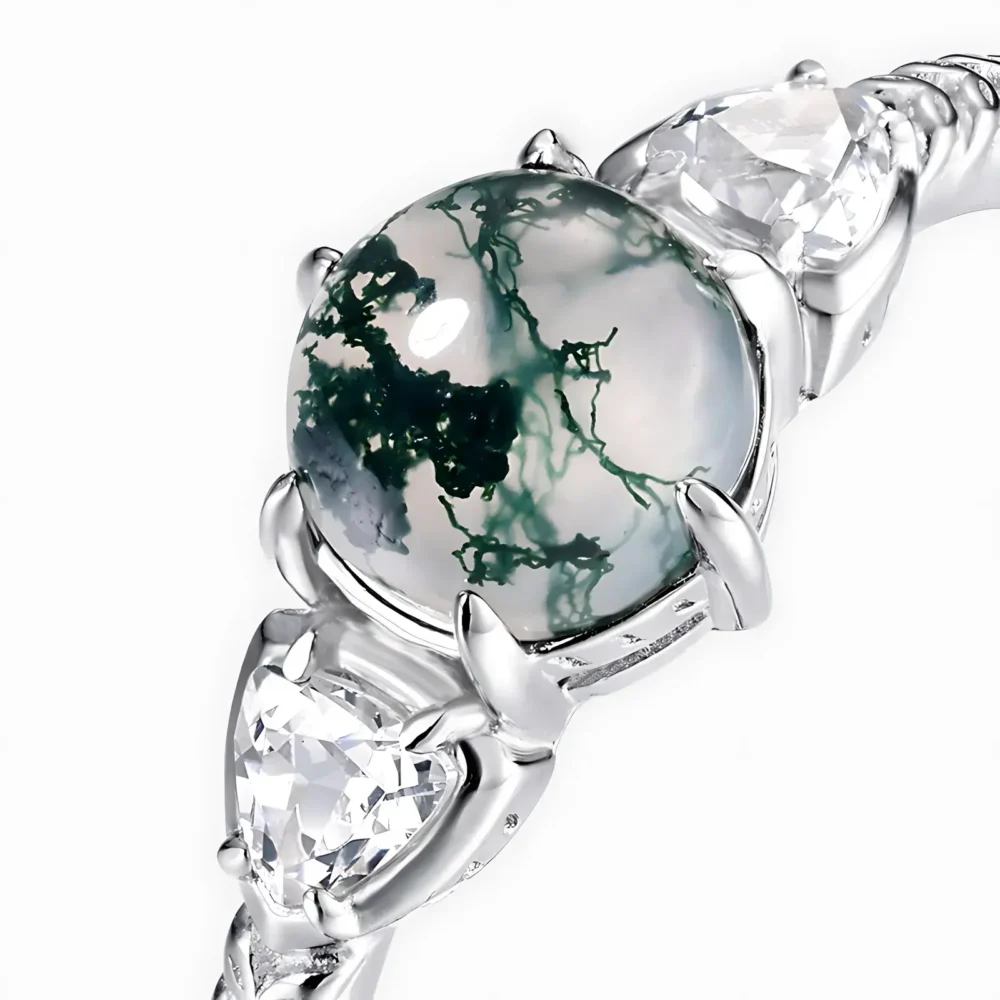 Round Moss Agate Three Stone Ring - Image 3