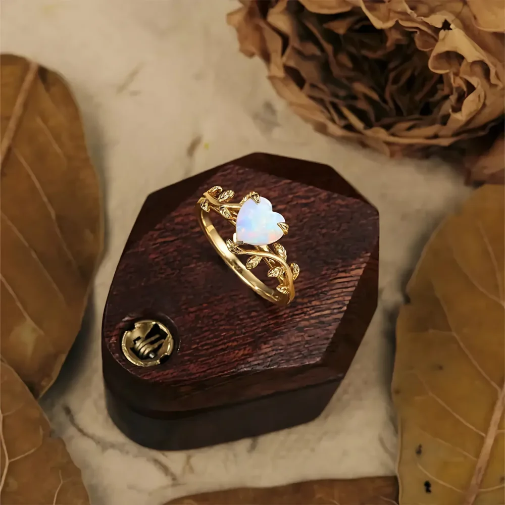 Nature-Inspired Flower Branch Heart Opal Ring - Image 4