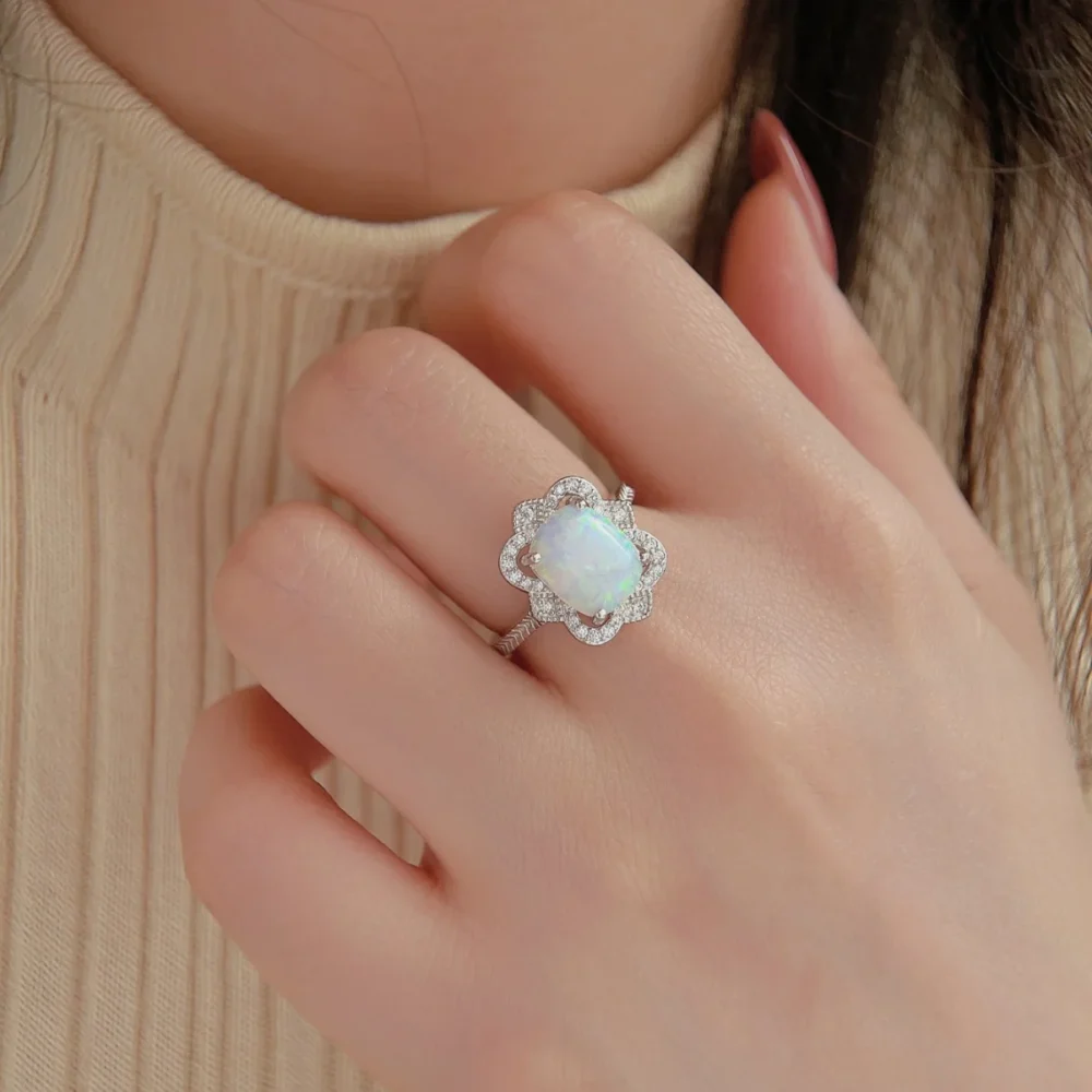 Romantic Vintage Opal Silver Halo Ring - Image 4