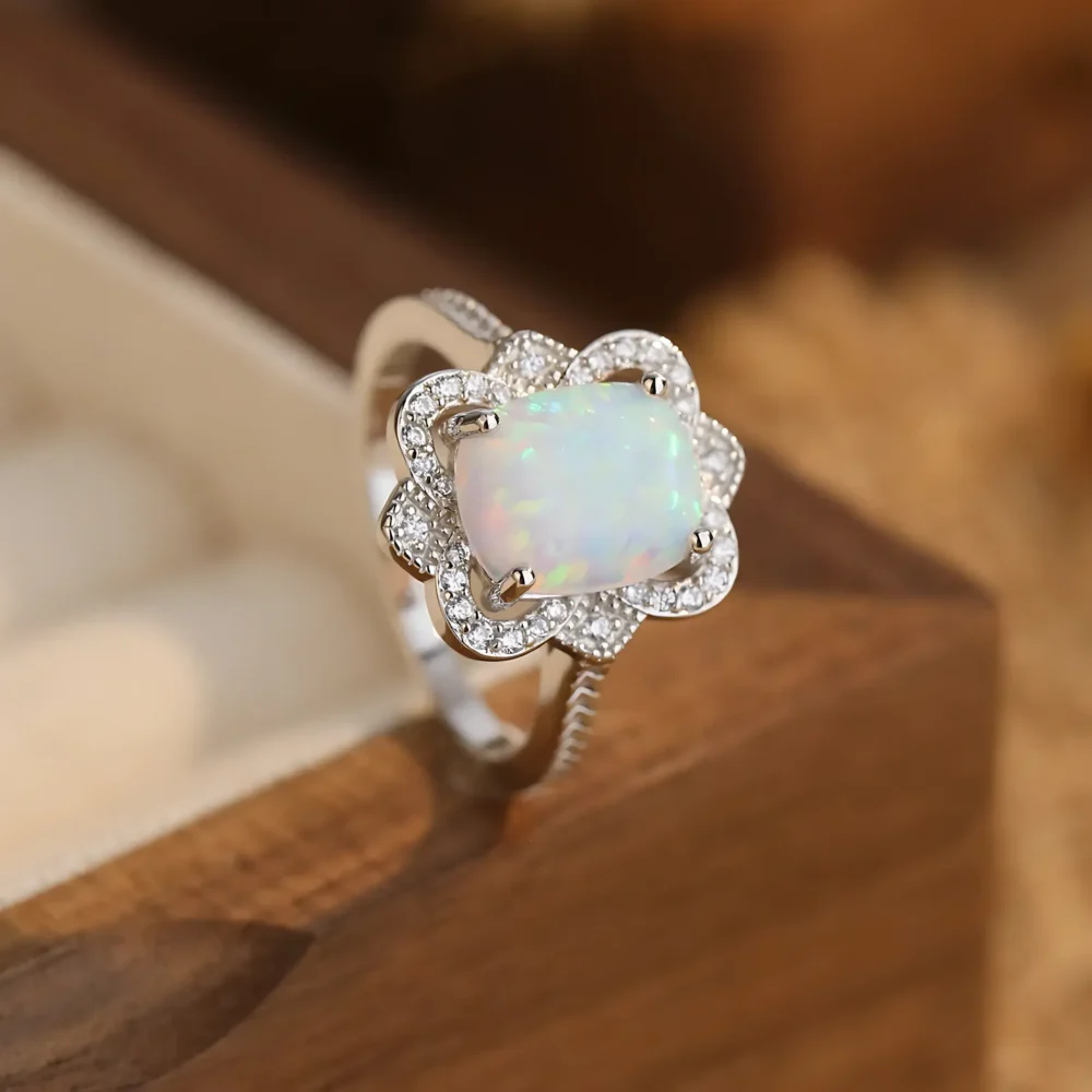 Romantic Vintage Opal Silver Halo Ring - Image 5