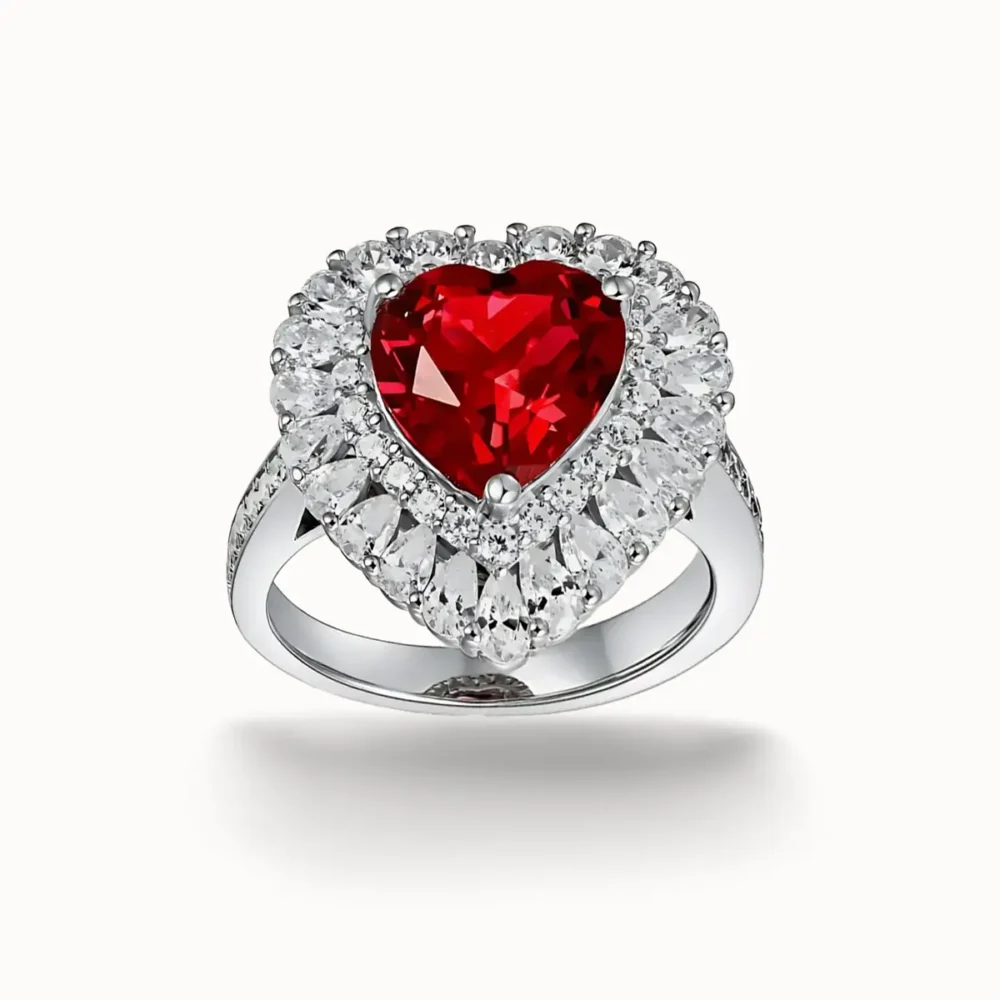 Ruby Heart Silver Halo Ring