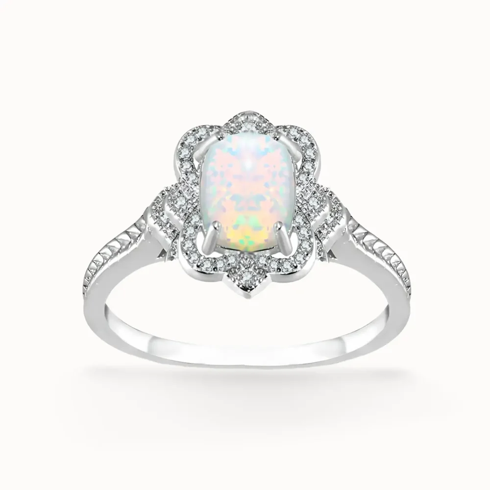 Romantic Vintage Opal Silver Halo Ring