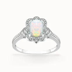 Romantic Vintage Opal Silver Halo Ring