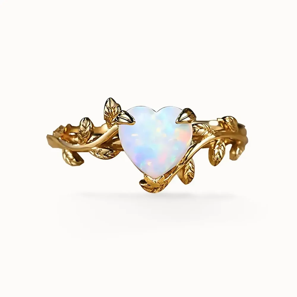 Nature-Inspired Flower Branch Heart Opal Ring