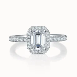 Emerald Cut Side Stone Halo Ring