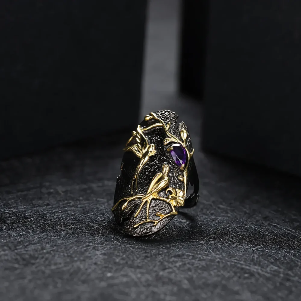 Black Bird and Flower Gemstone Ring - Image 3