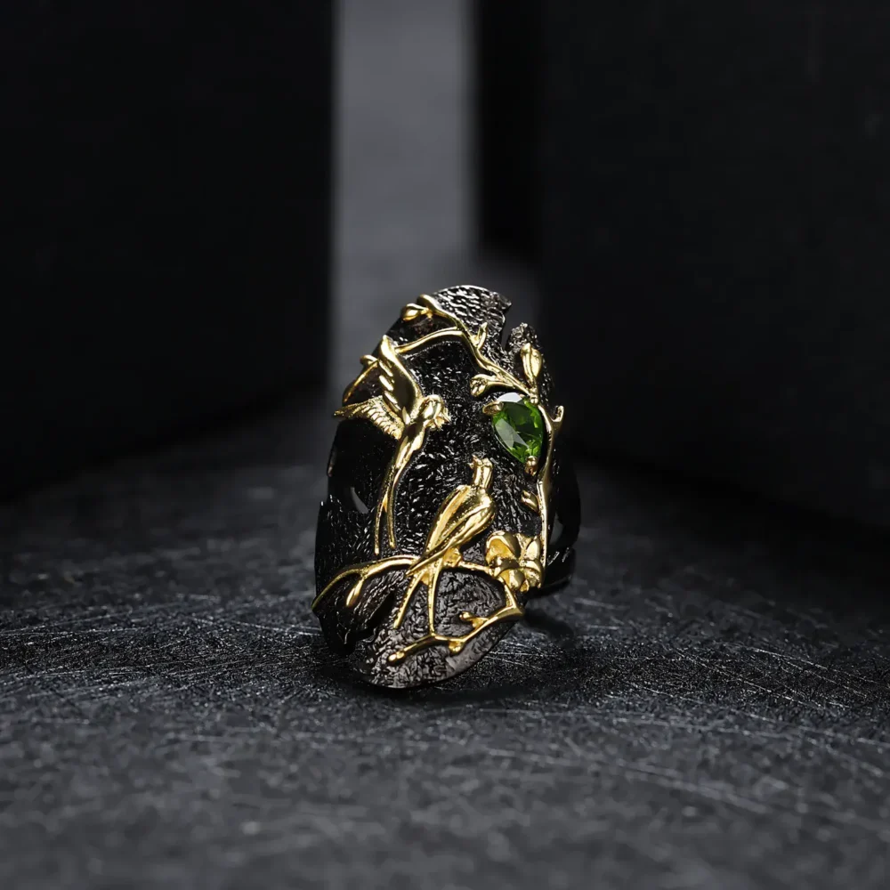 Black Bird and Flower Gemstone Ring - Image 2