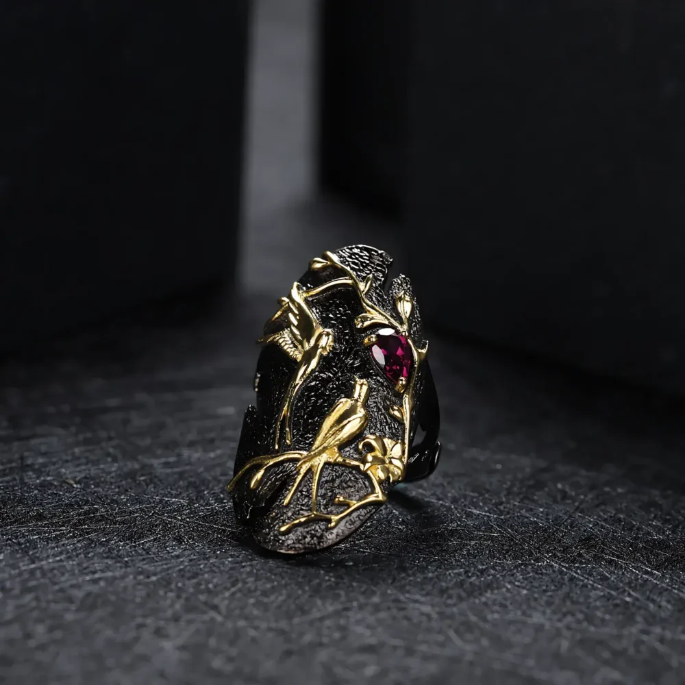 Black Bird and Flower Gemstone Ring - Image 4