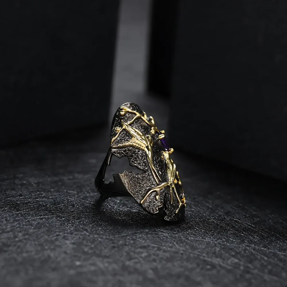 Black Bird and Flower Gemstone Ring - Image 5