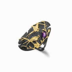 Black Bird and Flower Gemstone Ring