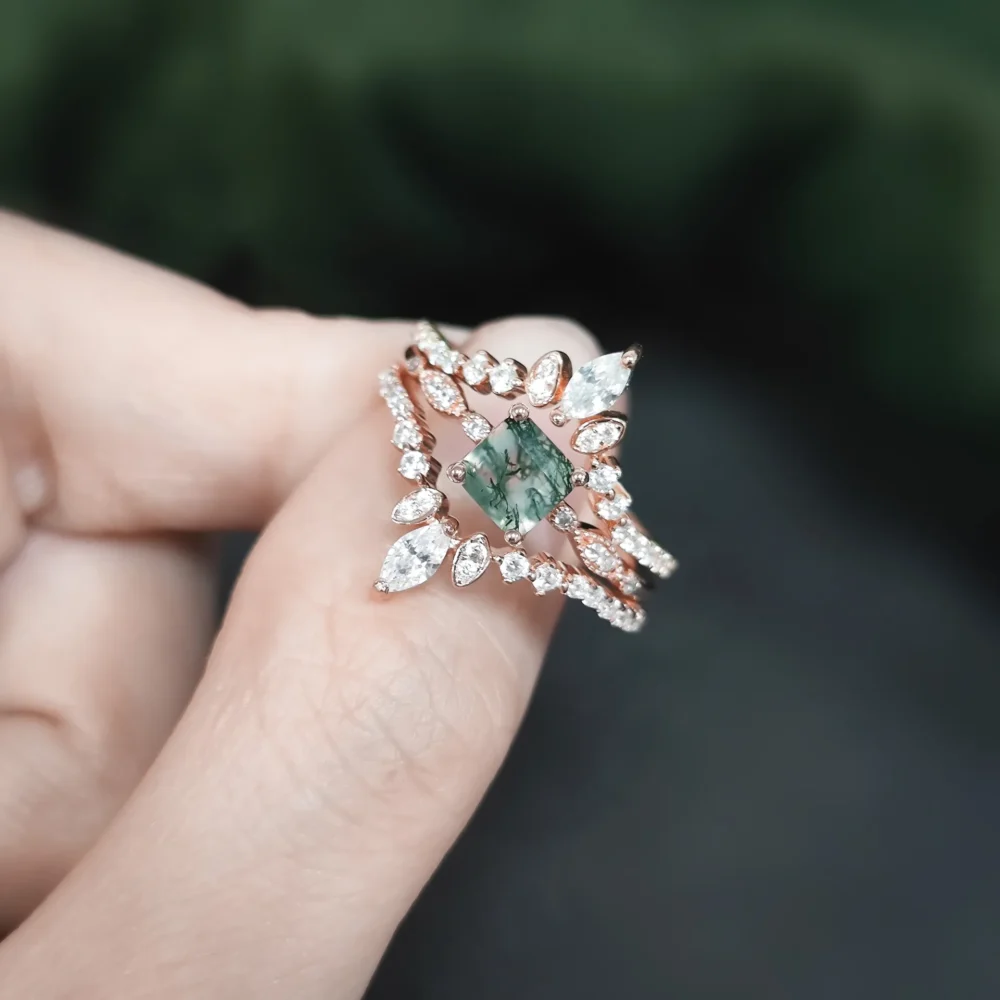 Vintage Square Moss Agate Stackable Ring - Image 3
