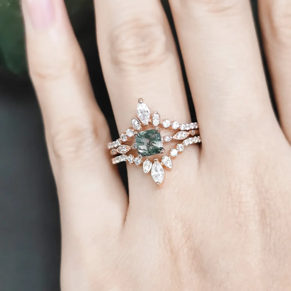 Vintage Square Moss Agate Stackable Ring - Image 2