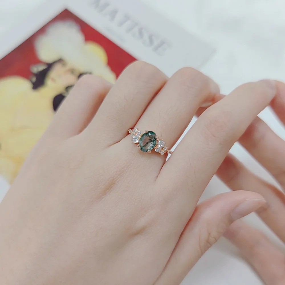 Oval Moss Agate Side Stone Ring - Image 2