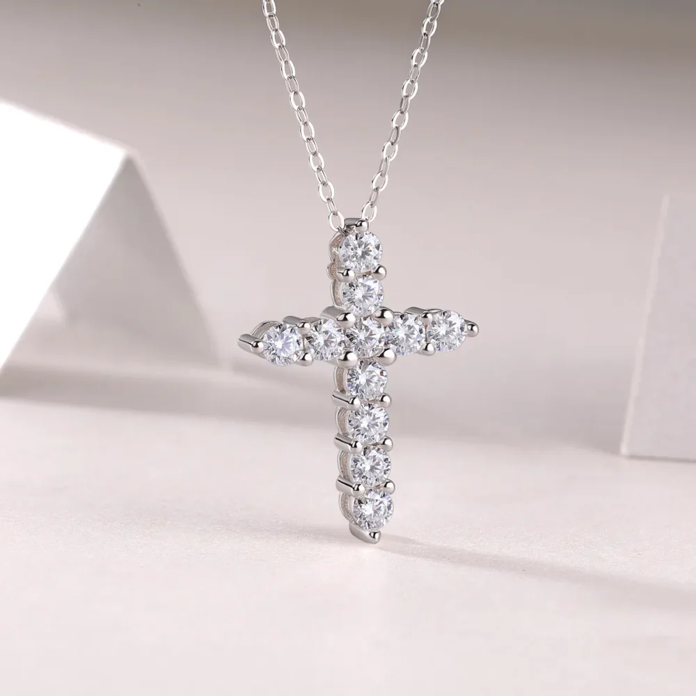 Round Moissanite Cross Necklace - Image 4