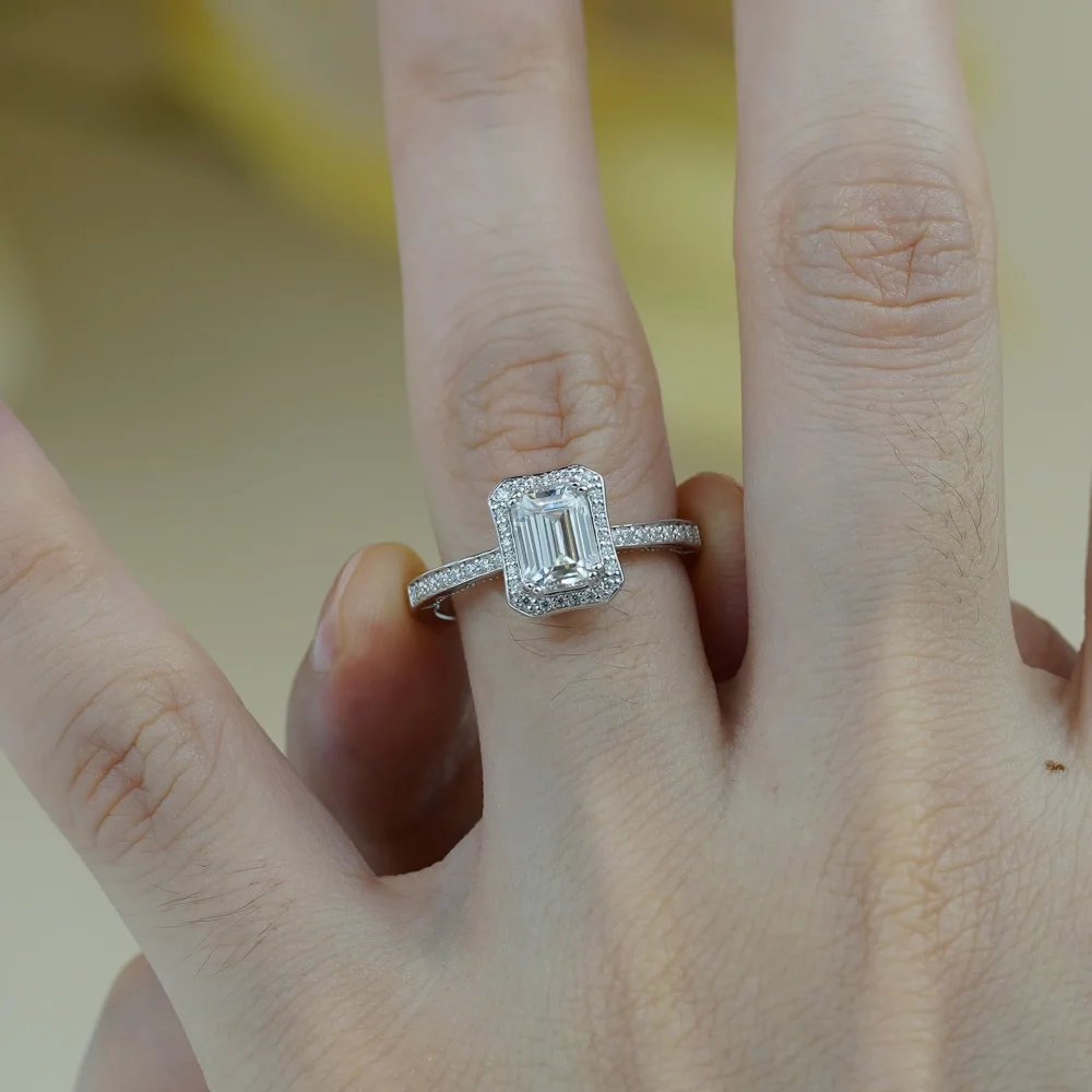 1ct Emerald Cut Bezel Halo Ring - Image 2