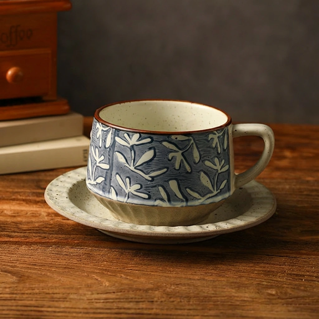 Indigo Grass-Print Mug&Saucer
