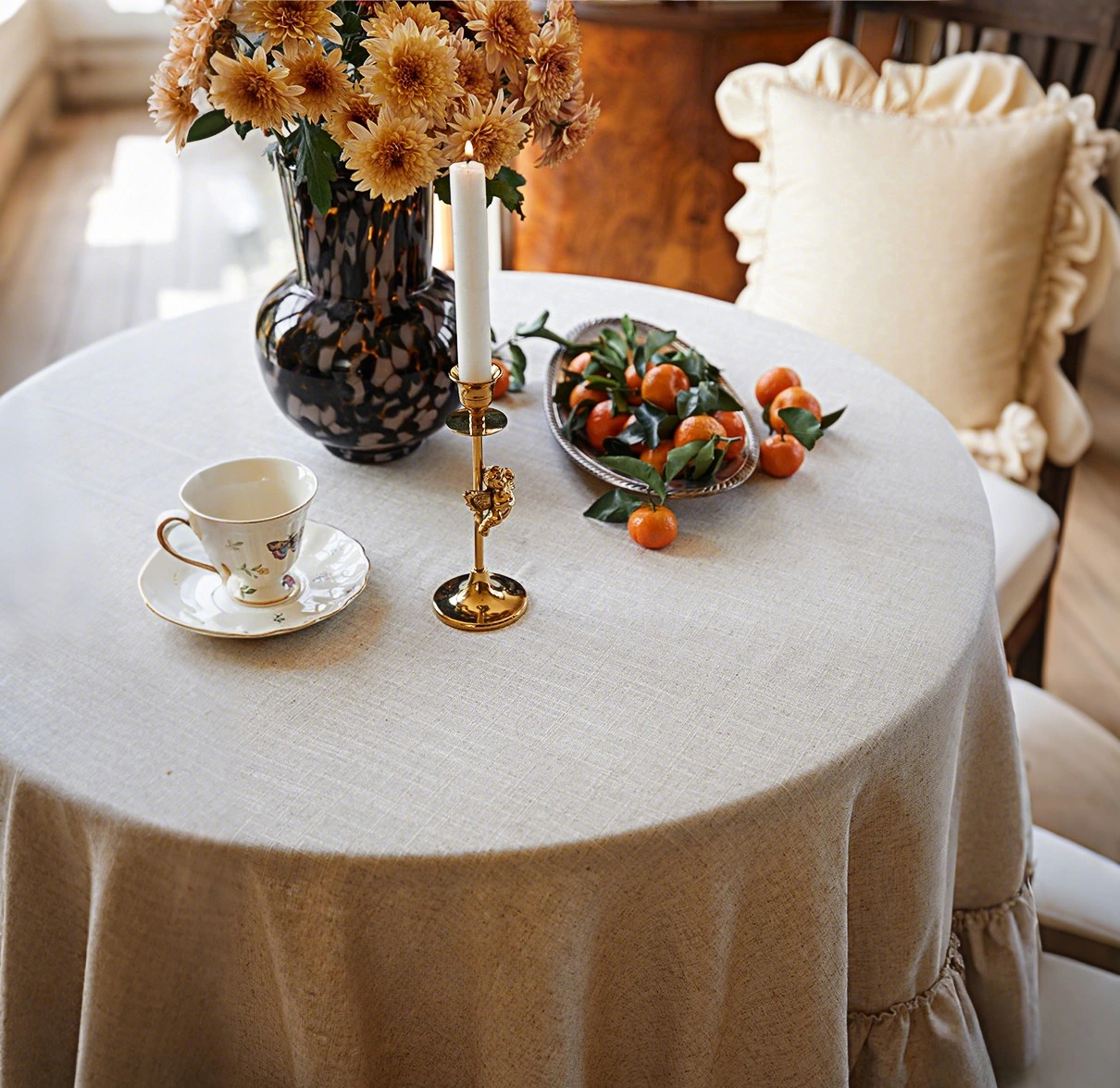 Oatmeal Linen Ruffled Tablecloth