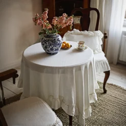 White Linen Ruffled Tablecloth